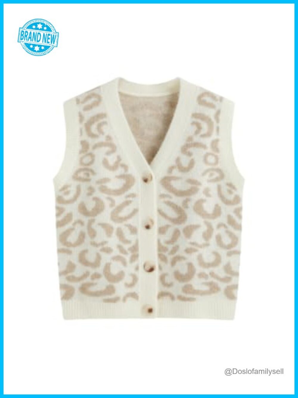 Leopard Print Sweater Vest Button Down V Neck Wool Blend Sleeveless Cardigan